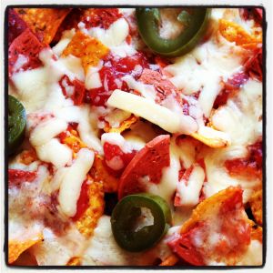 Nachos with low fat cheese, quorn pepperoni and jalapenos