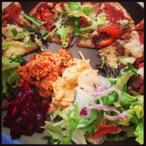 wholewheat tortilla pizza with salady stuff