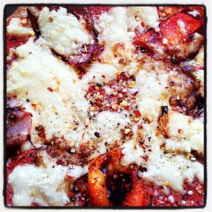 Wholewheat tortilla pizza with quorn pepperoni, low fat cheese, red onion, peppers, chilli flakes and balsamic vinegar