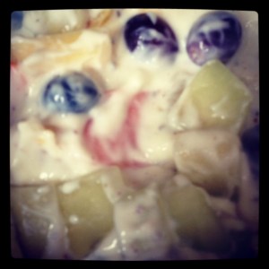 Total Greek yoghurt with melon, pineapple, grapes, chia and flax